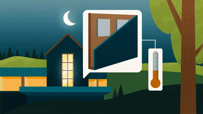 Gif illustration of a house changing temperature to accommodate the shift from day and night
