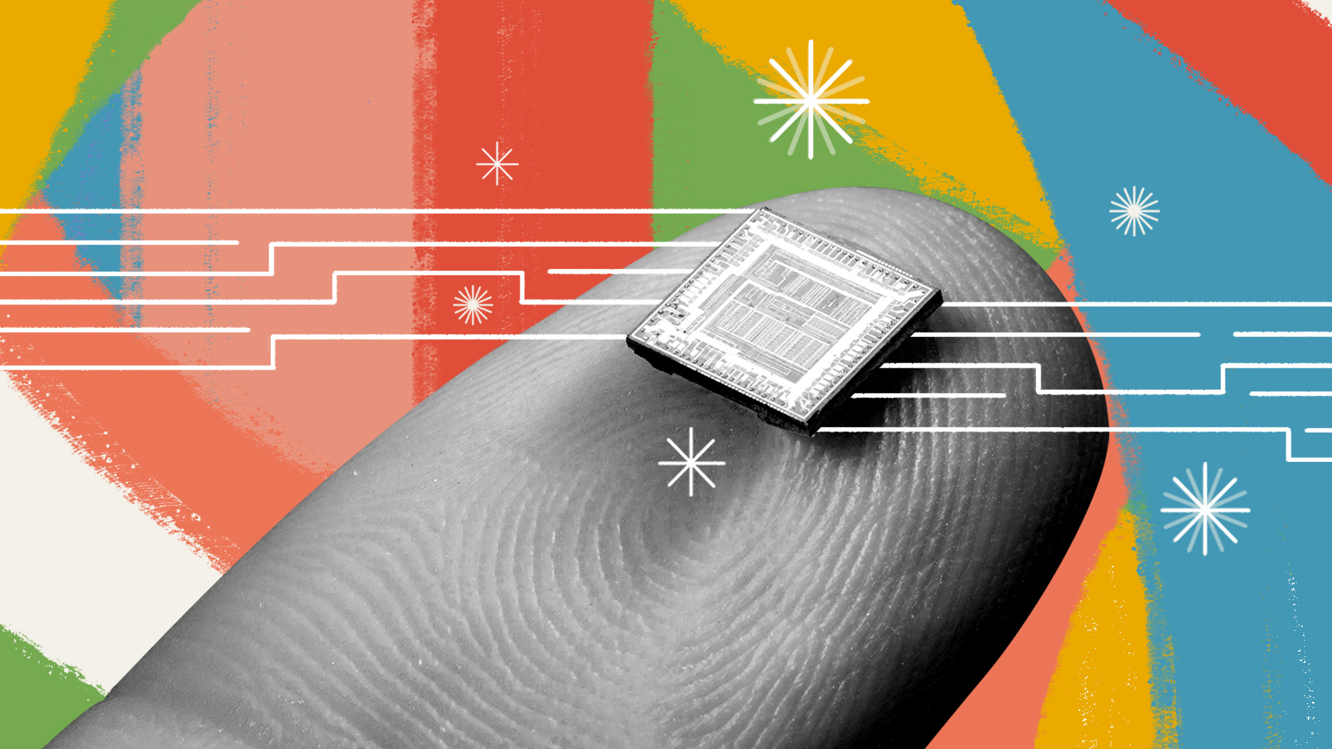 Collage of a black and white finger holding a microchip on top of a colorful background of painterly strokes