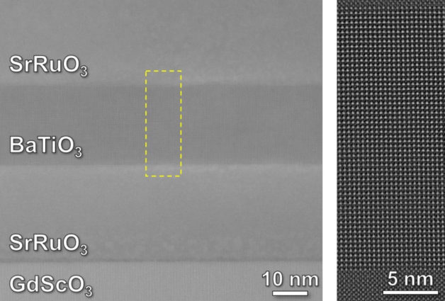 Electron microscope images show the precise atom-by-atom structure of a barium titanate (BaTiO3) thin film sandwiched between layers of strontium ruthenate (SrRuO3) metal to make a tiny capacitor.