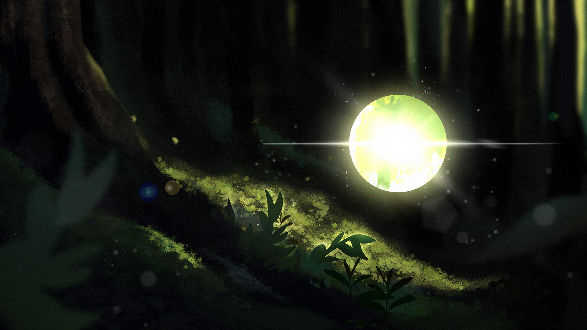 An illustration of a glowing orb of light near a shadowed forest floor, with small leaves illuminated by the orb